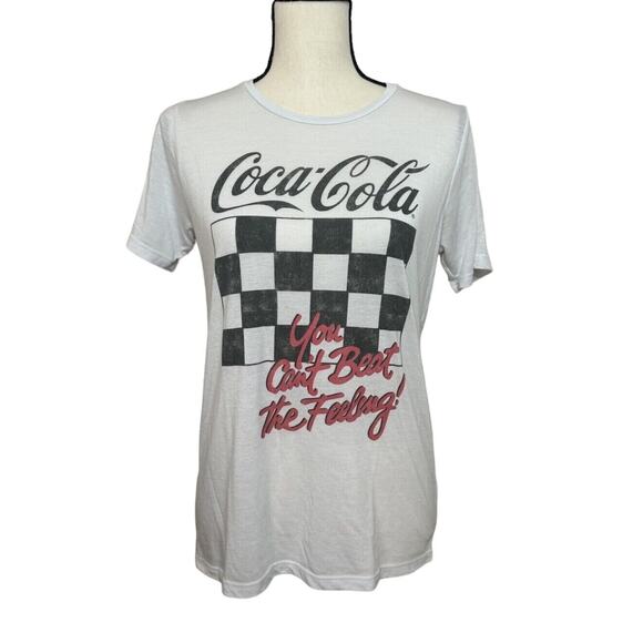 Coca Cola Women’s M Graphic T-Shirt White Short Sleeve Checkered - Picture 1 of 4